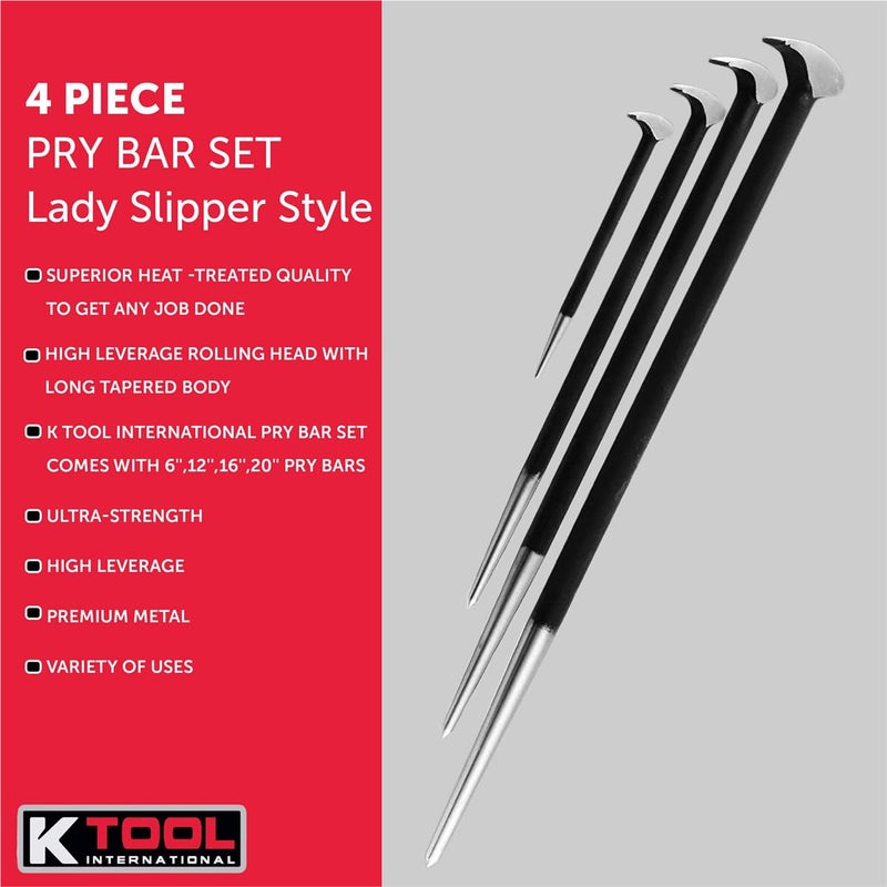 K-Tool International K Tool International 71600 4 Piece Pry Bar Set for Garages, Repair Shops, and DIY, Lady Slipper Style, Heavy Duty Heat Treated Steel, Rolling Head, Organizing Case, Includes Sizes 6", 12", 16", 20" - Image 4